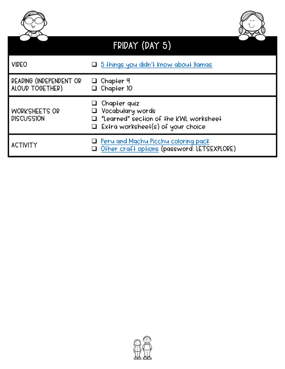 Day 5 lesson plan assigns chapters 9–10, a quiz, vocabulary, KWL reflection, and Peru and Machu Picchu coloring