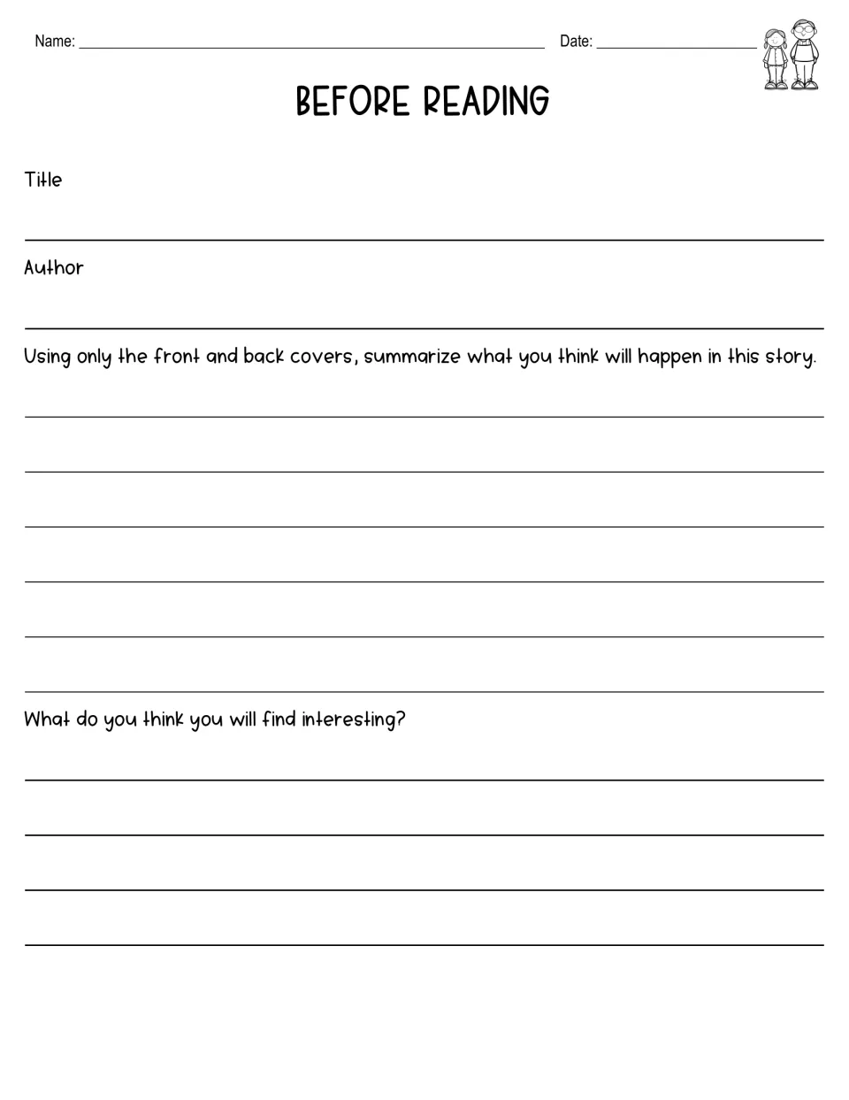 Before-reading worksheet asks for the title, author, a prediction using both covers, and anticipated interests