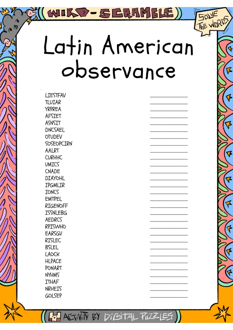 Student word scramble: 30 terms about Latin American observances, including LIESTFAV, TLUIAR, and YRPREA