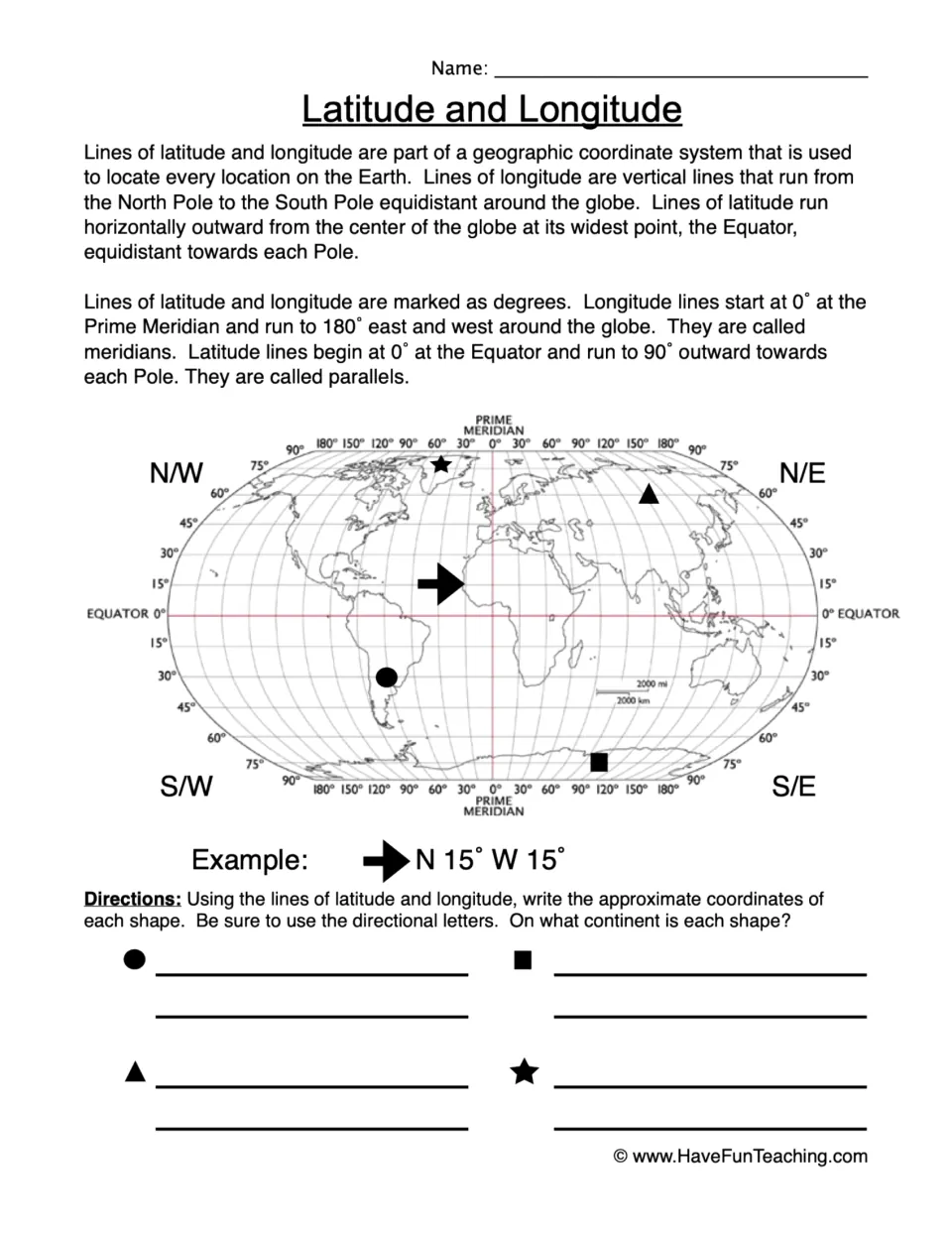 Latitude and longitude: students read a world map grid to write approximate coordinates for 4 shapes and name each continent