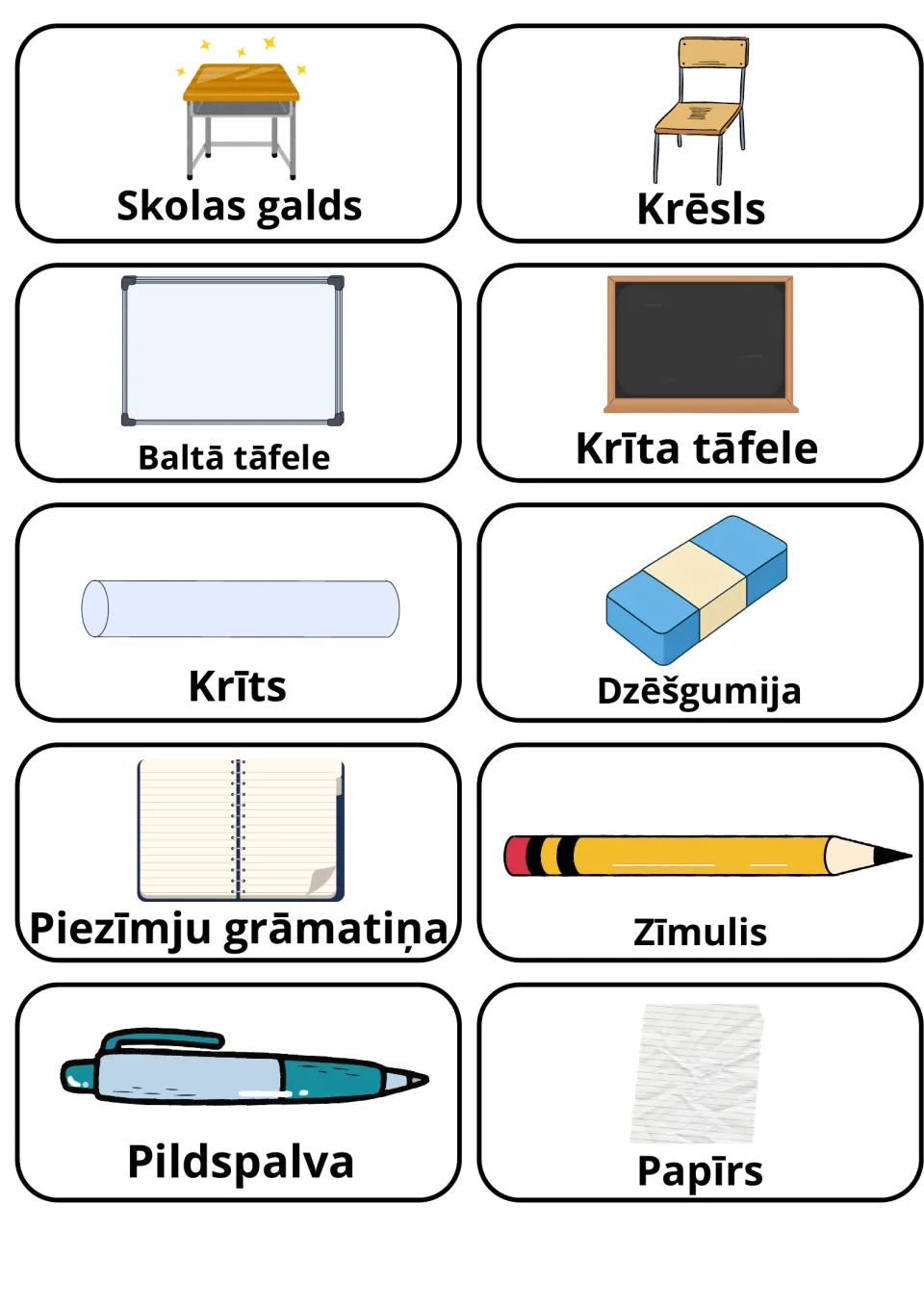 Latvian classroom objects: 10 picture cards labeled Skolas galds, Krēsls, Krīts, Zīmulis, Pildspalva and Papīrs