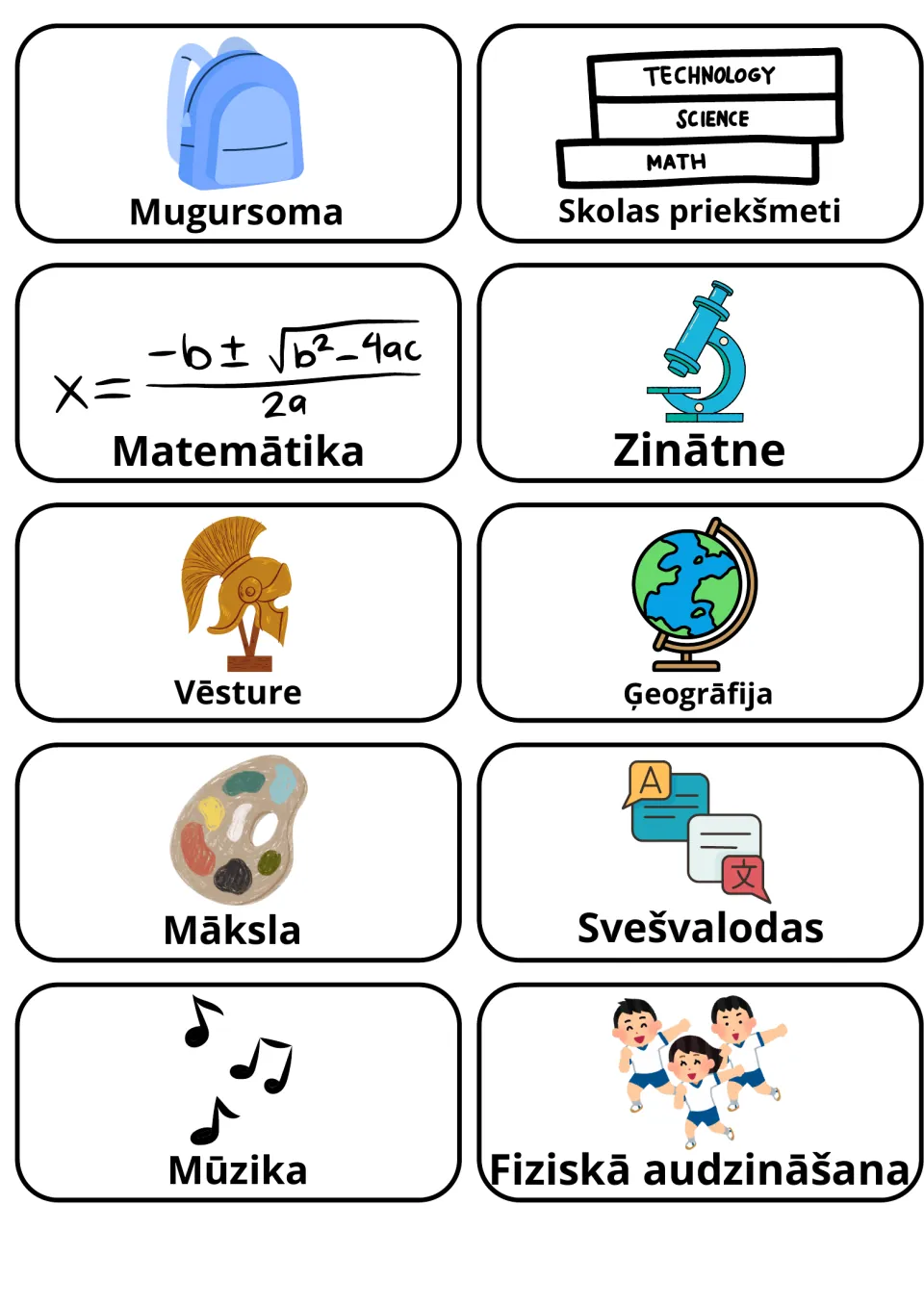 Latvian school subjects: picture cards for Mugursoma, Matemātika, Zinātne, Vēsture, Ģeogrāfija, Māksla and Mūzika