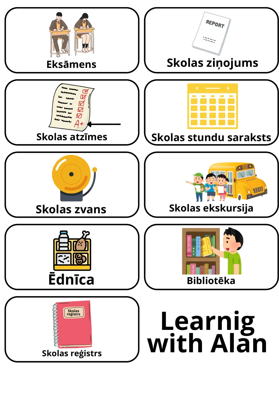 Latvian school life words: cards for Eksāmens, Skolas atzīmes, Skolas zvans, Ēdnīca, Bibliotēka and Skolas reģistrs