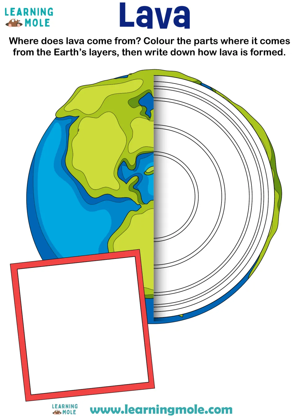 Where lava comes from: students colour the Earth's inner layers on a cutaway globe, then write how lava is formed