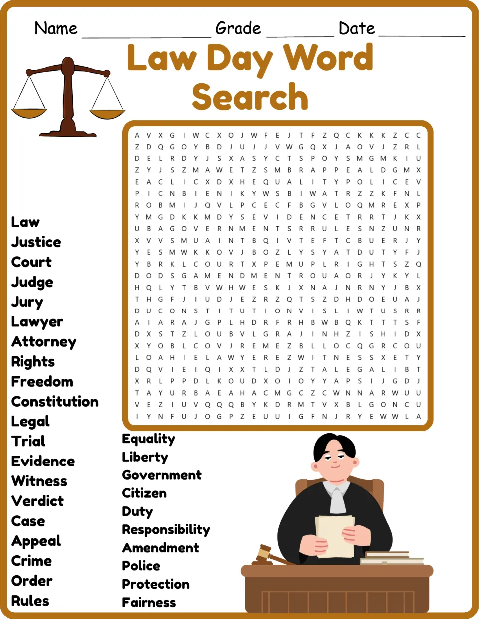 Color version of the Law Day word search with 30 words, including justice, court, rights, and fairness
