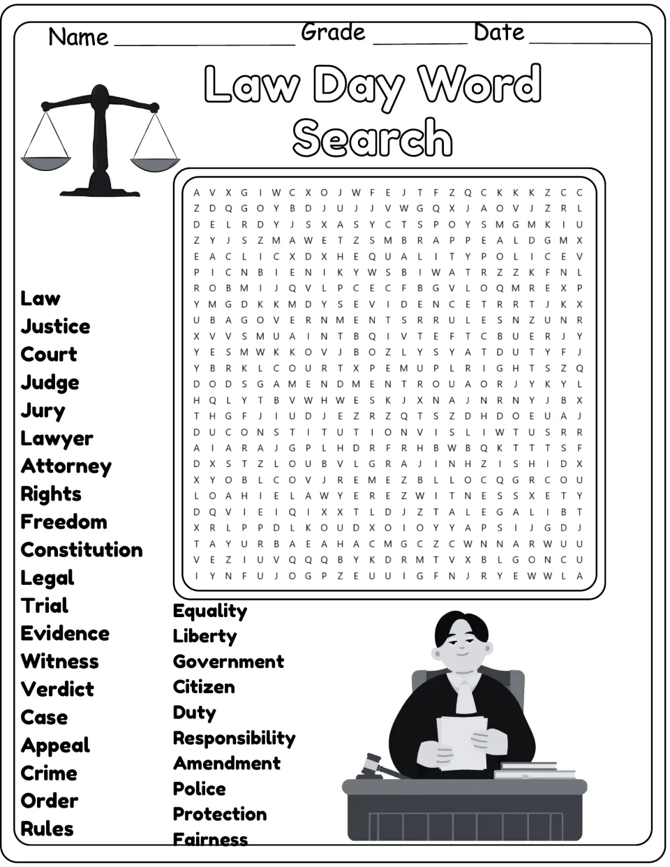 Black-and-white version of the same 30-word puzzle, including law, liberty, government, and responsibility