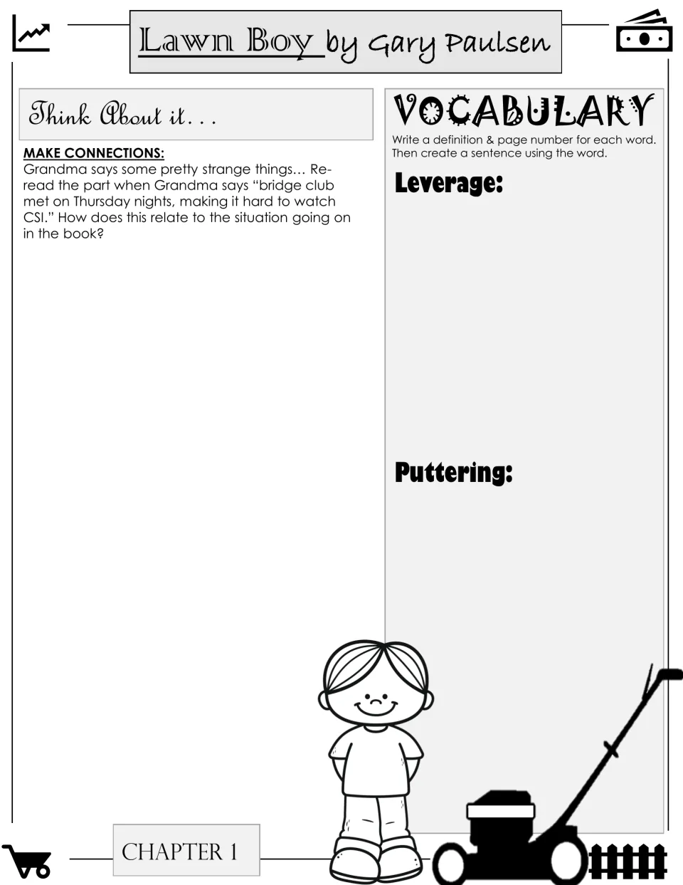 Chapter 1 response: students connect Grandma's bridge club and CSI remark to the plot, then define leverage and puttering