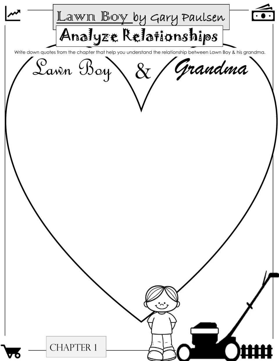 Chapter 1 character analysis: students record quotes that reveal Lawn Boy's relationship with his grandma inside a heart