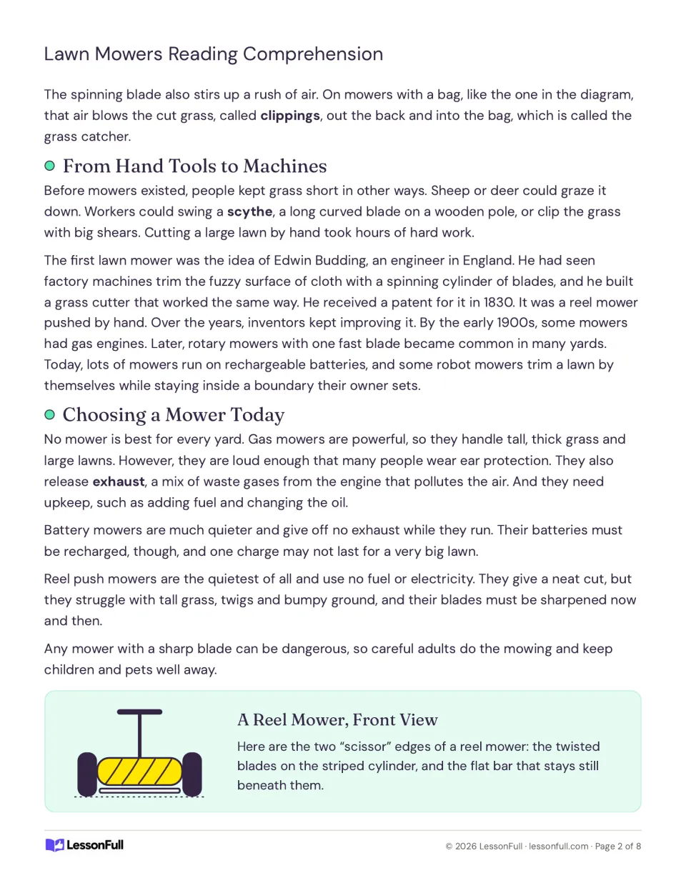 Mower history from scythes to robots and a guide to choosing a gas, battery or reel mower, with a reel front view