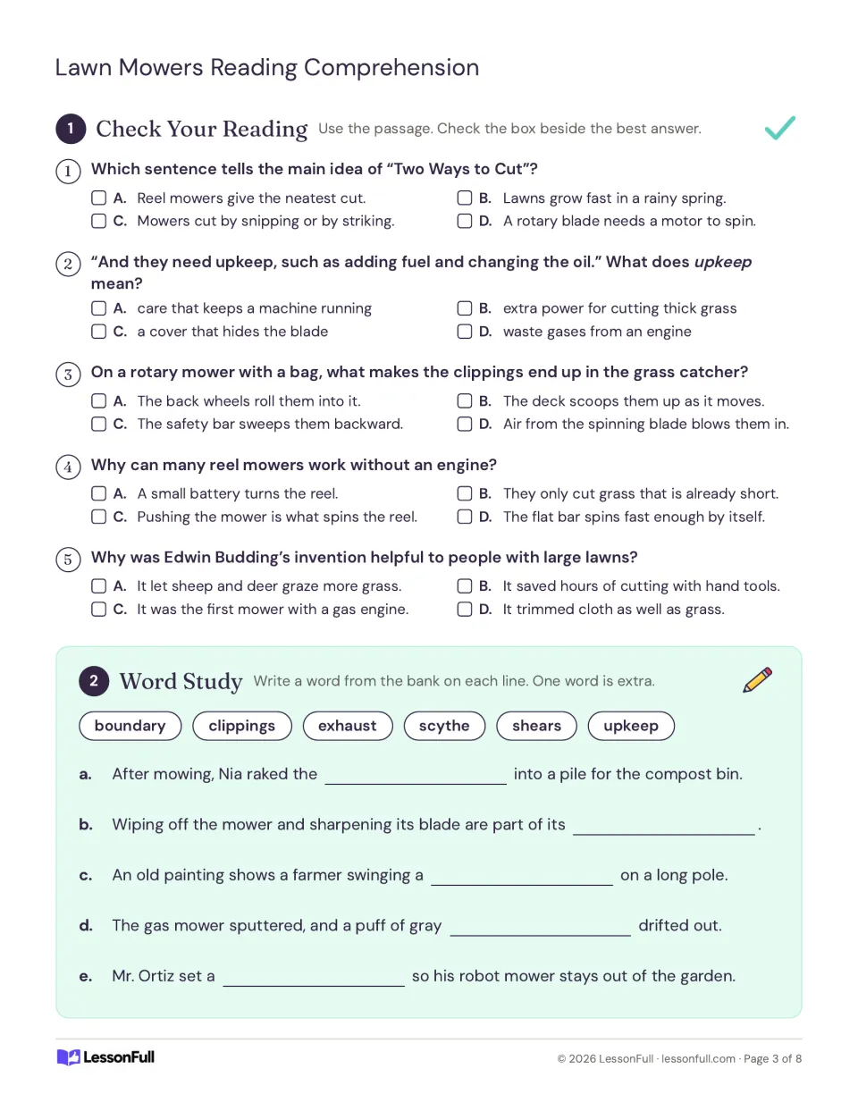 Check Your Reading: five multiple-choice questions on mowers, then a word study using clippings, scythe and upkeep