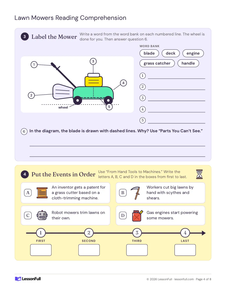 Label the Mower: students name five parts on a diagram from a word bank, then put four mower inventions in time order