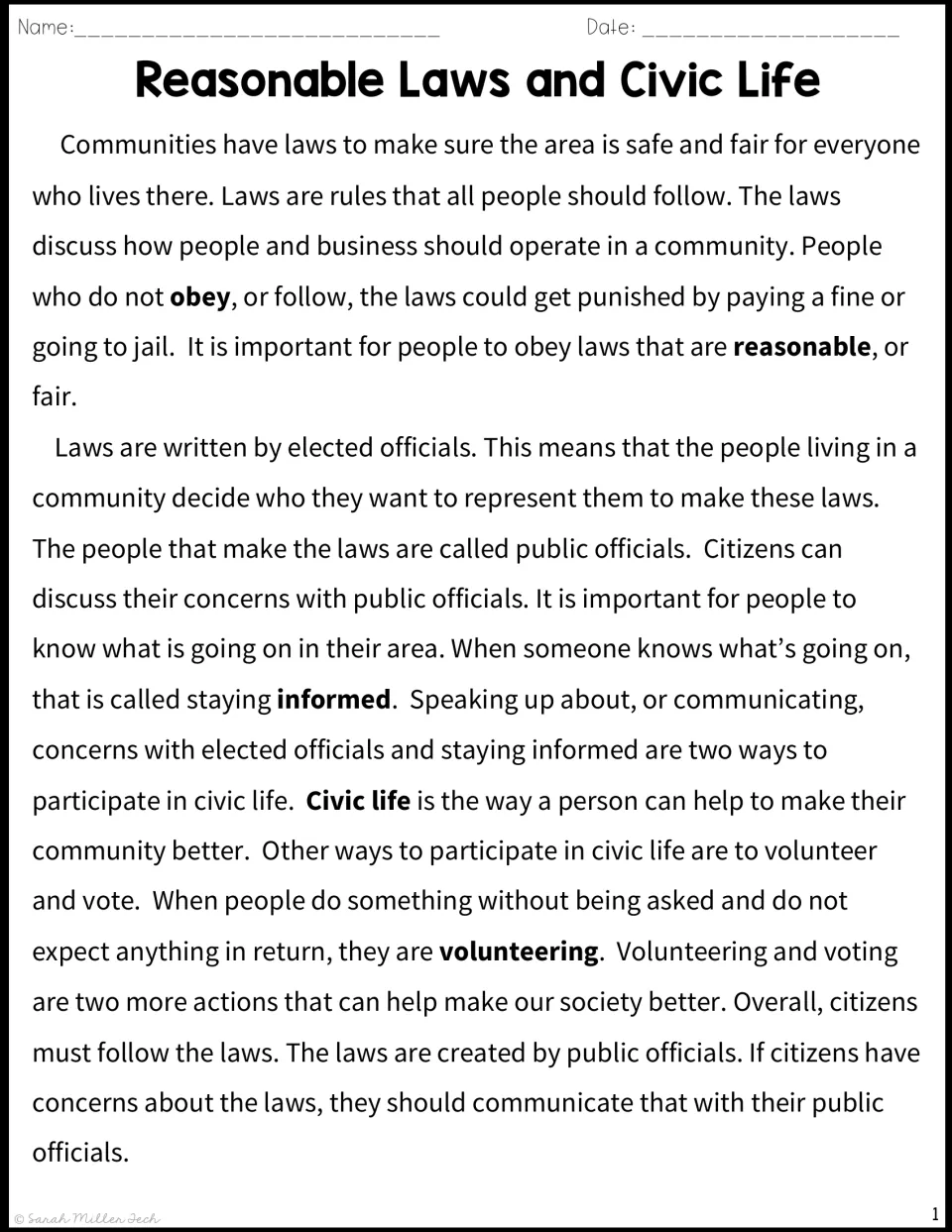 Reasonable Laws and Civic Life passage on who writes laws, obeying them, voting, volunteering and staying informed