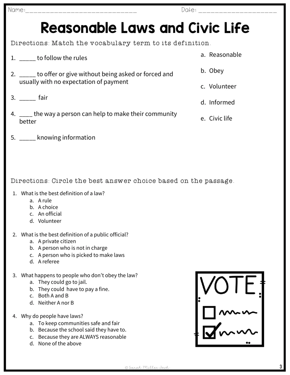 Civic vocabulary and comprehension: students match obey, volunteer, informed to definitions, then answer questions on laws