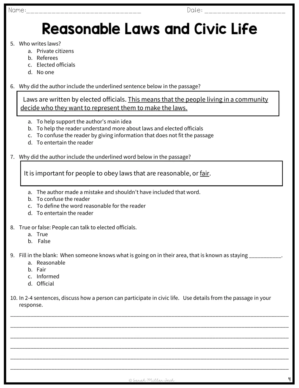 Laws comprehension questions 5-10: who writes laws, author's purpose for underlined text, and a written response