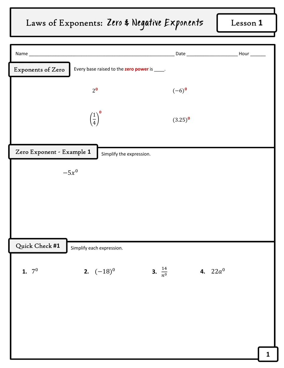 Zero exponents notes: students fill in the zero-power rule, work Example 1 on -5x^0 and simplify 4 Quick Check items