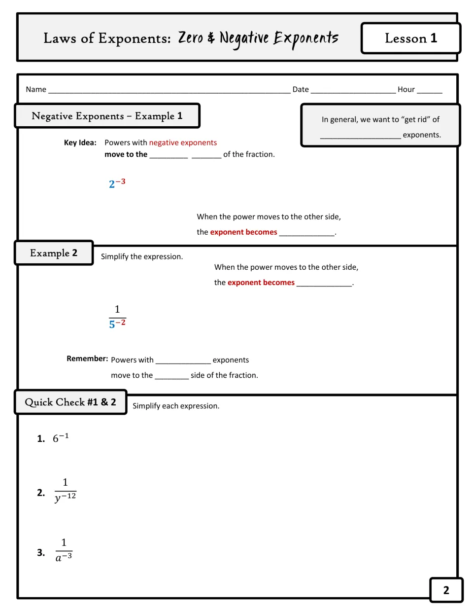 Negative exponents: students fill in the key idea on moving powers across the fraction bar and simplify 2^-3 and 1/5^-2
