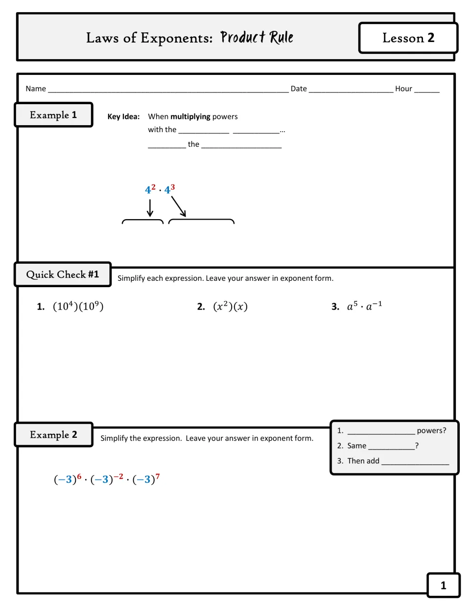 Product rule notes: students complete the key idea for multiplying powers, then simplify 4^2 · 4^3 and powers of -3