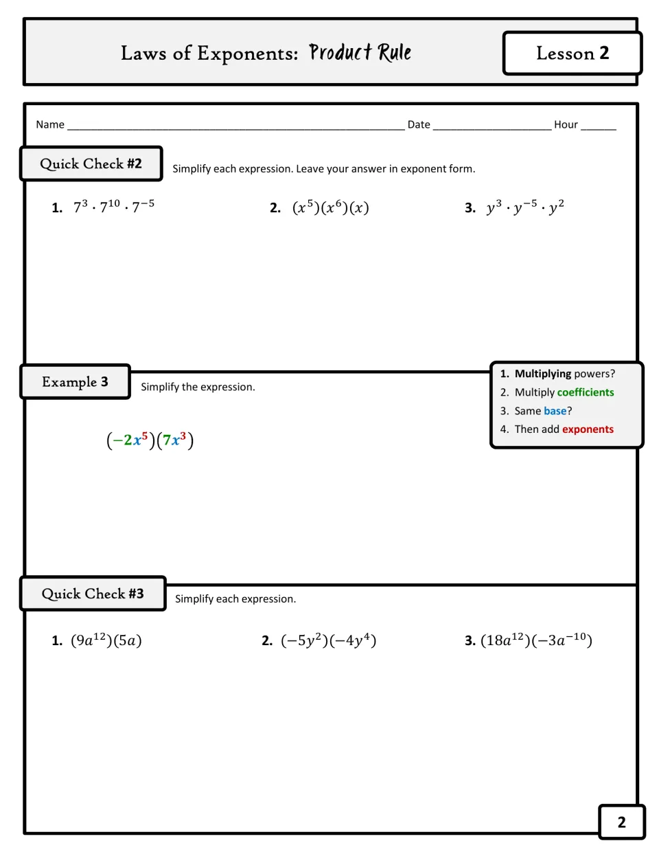 Multiplying monomials: students simplify (-2x^5)(7x^3) and more by multiplying coefficients and adding exponents