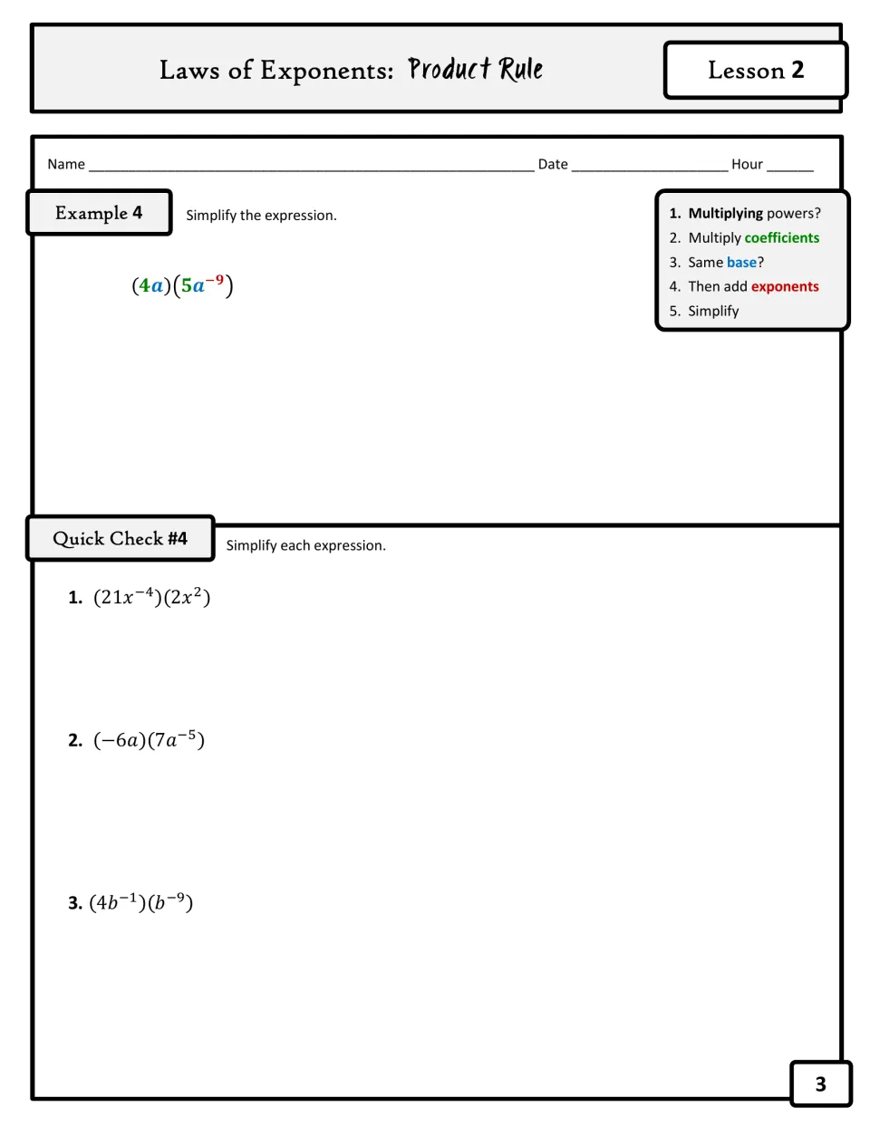 Negative exponents in products: students simplify (4a)(5a^-9) and three Quick Check #4 items, ending with a Simplify step
