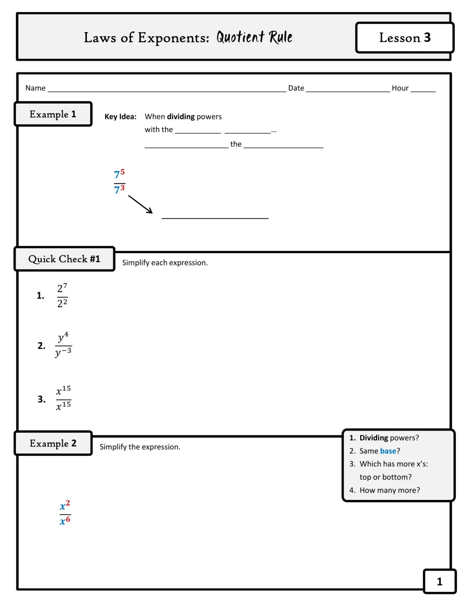 Quotient rule notes: students fill in the key idea for dividing powers, then simplify 7^5/7^3, y^4/y^-3 and x^2/x^6