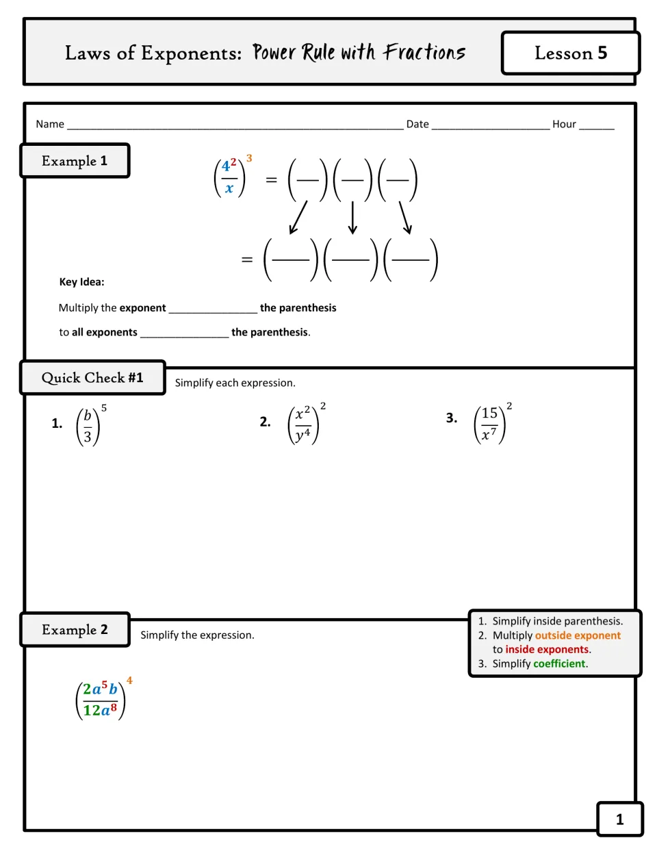 Guided notes page 1: power rule with fractions, Examples 1–2, and three problems in Quick Check #1.