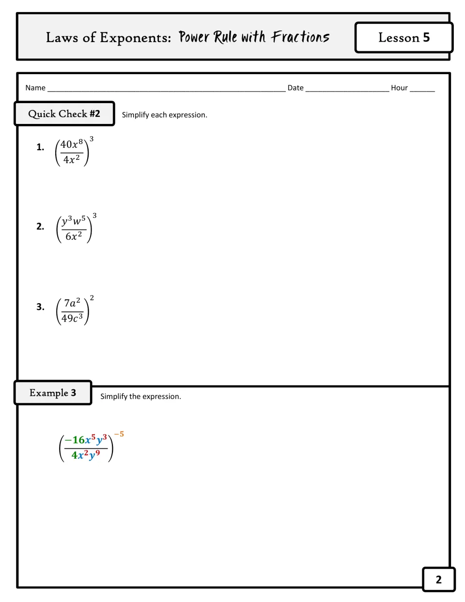 Guided notes page 2: three problems in Quick Check #2 and Example 3 using an outside exponent of -5.