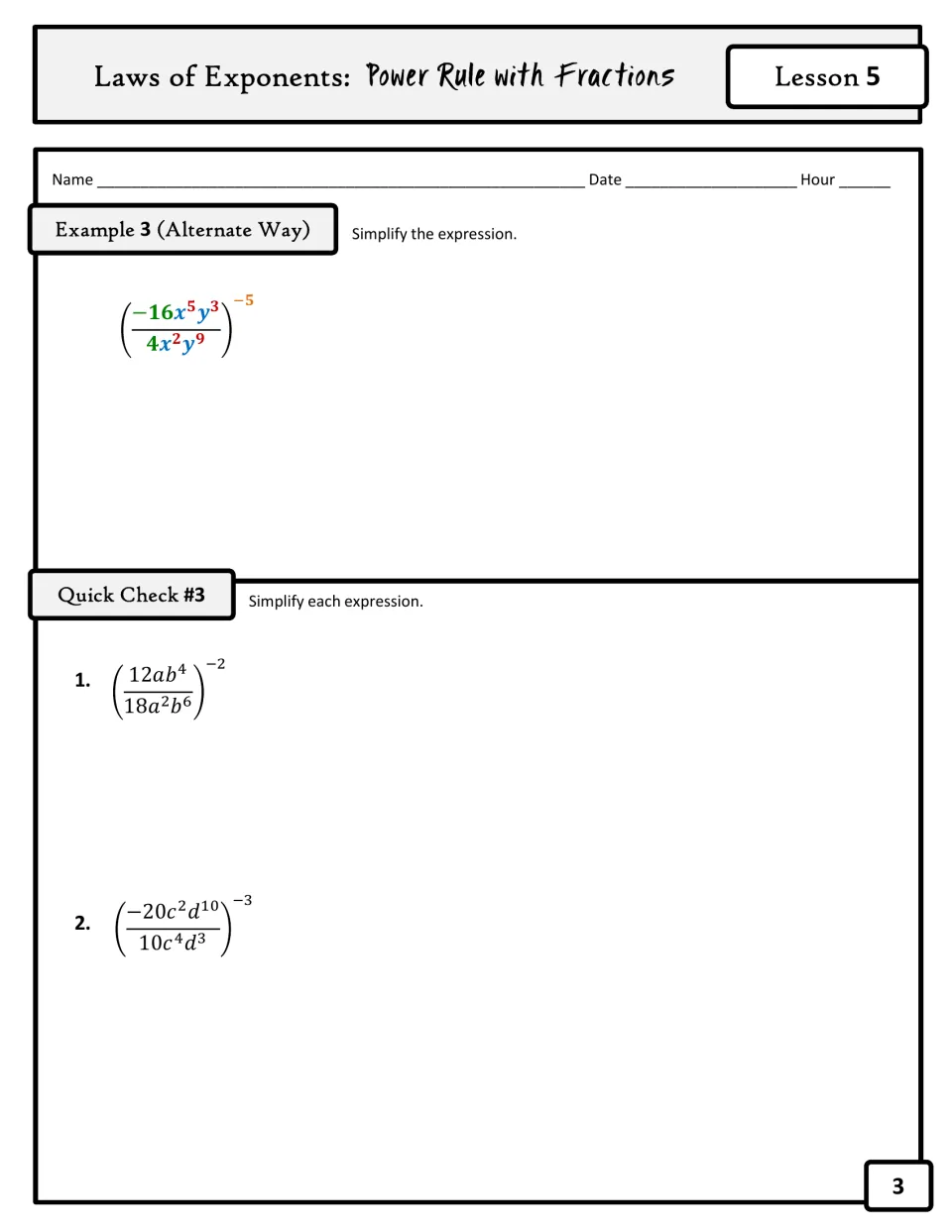 Guided notes page 3: an alternate method for Example 3 and two negative-exponent problems in Quick Check #3.
