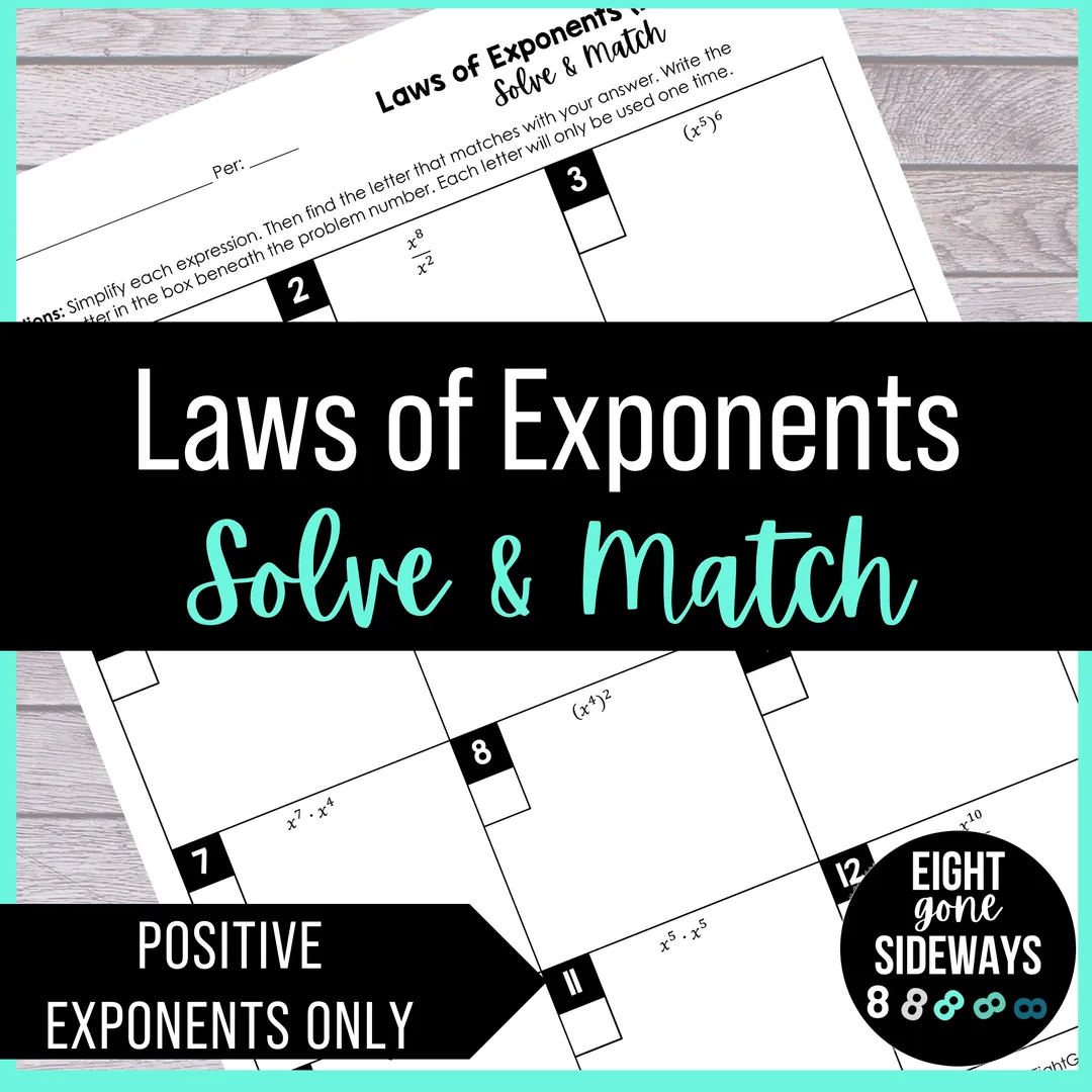 Laws of Exponents (Positive) - Solve + Match Worksheet – cover