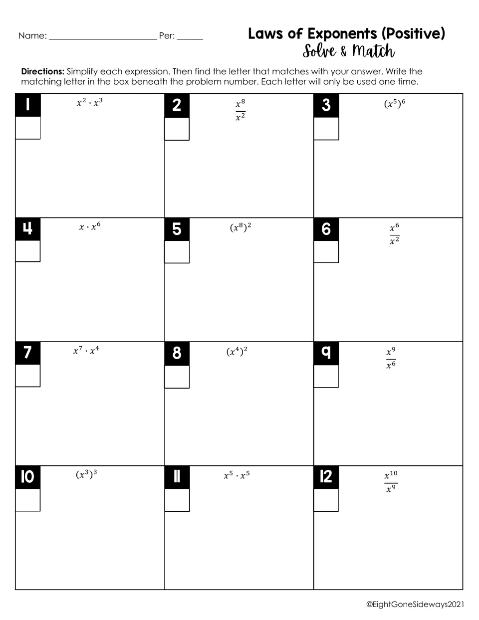 Exponent laws: students simplify 12 expressions like x^2·x^3, (x^5)^6 and x^8/x^2, then write the matching letter