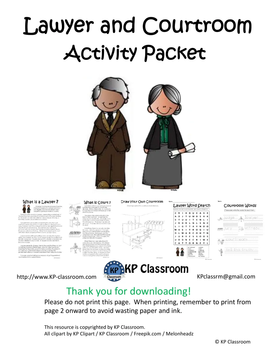 Cover: lawyer and courtroom activity packet with two lawyer figures and previews of reading, drawing and word search pages