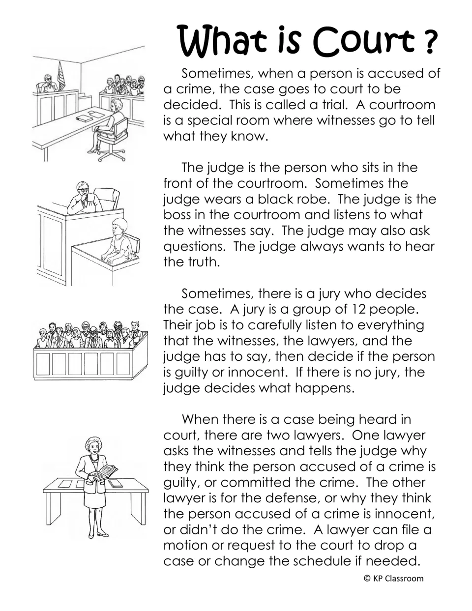 What is Court? reading passage explaining trials, the judge, a 12-person jury and the two lawyers, with line drawings