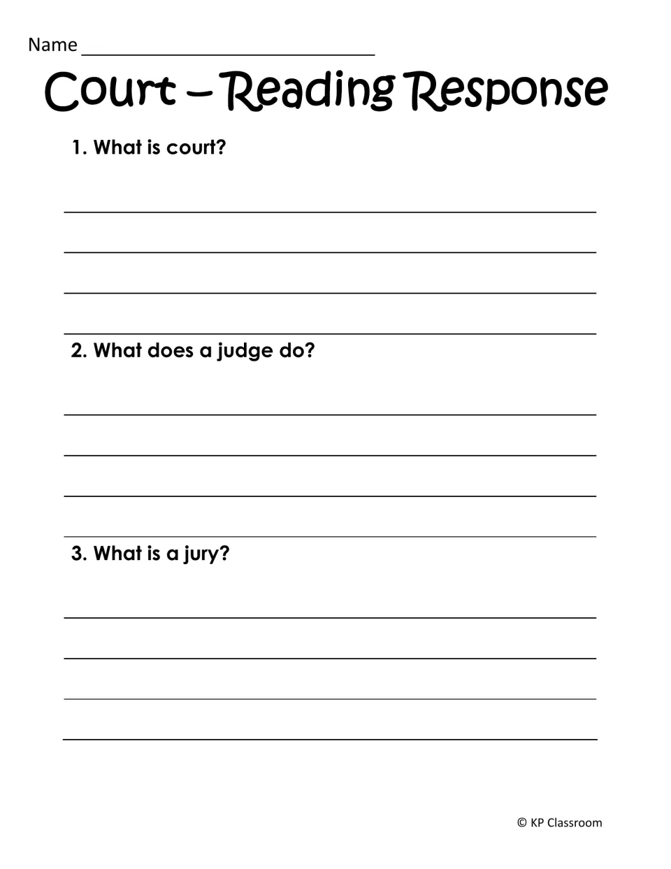 Reading response: students write short answers defining court, explaining a judge's job and describing a jury