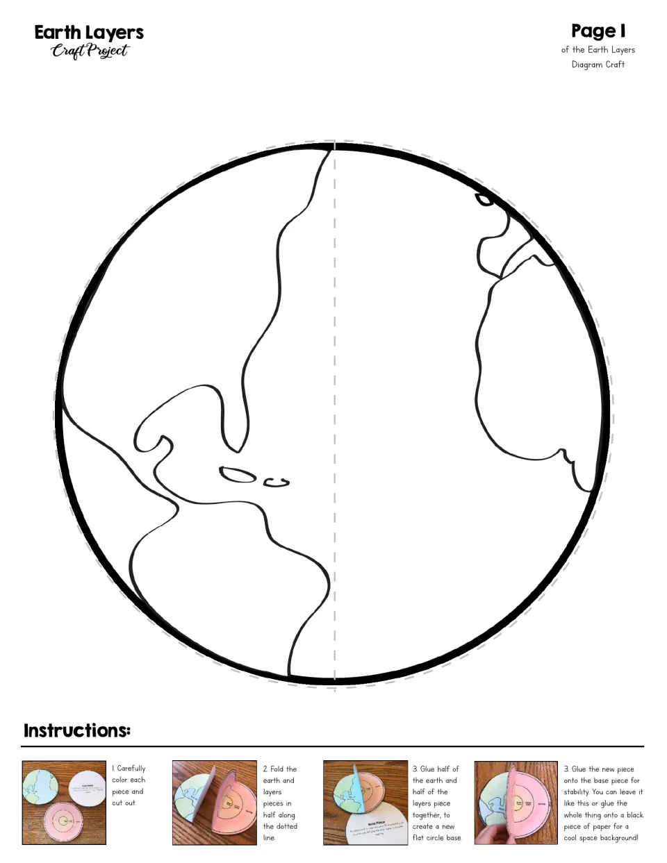 Earth Layers Craft Project page 1: cut-out piece of a blank globe to color, with photo steps to color, cut, fold and glue