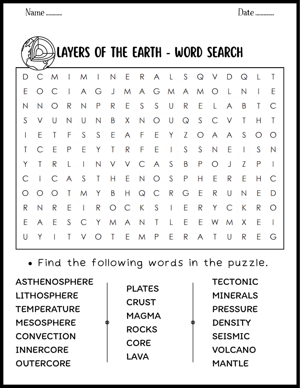 Earth's layers word search: students find 21 terms such as crust, mantle, asthenosphere, lithosphere, magma and seismic