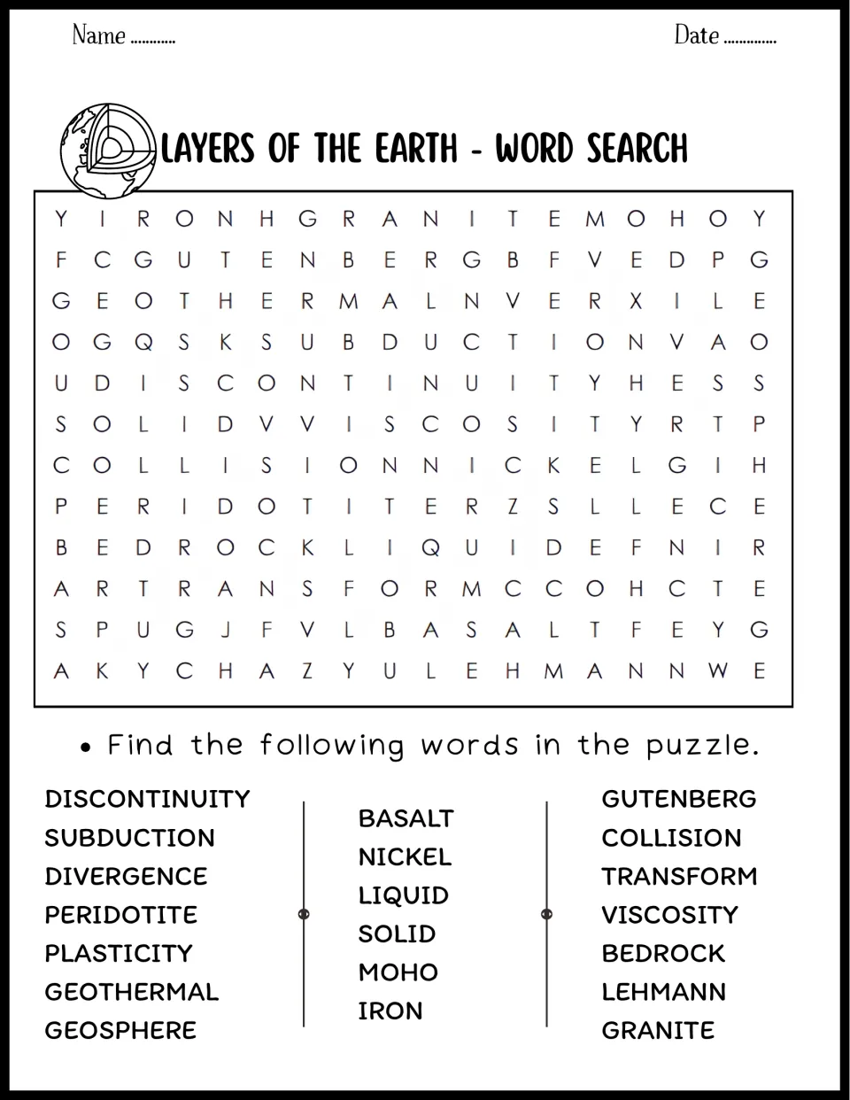 Earth interior word search: students locate terms like Moho, Gutenberg, Lehmann, subduction, peridotite and viscosity