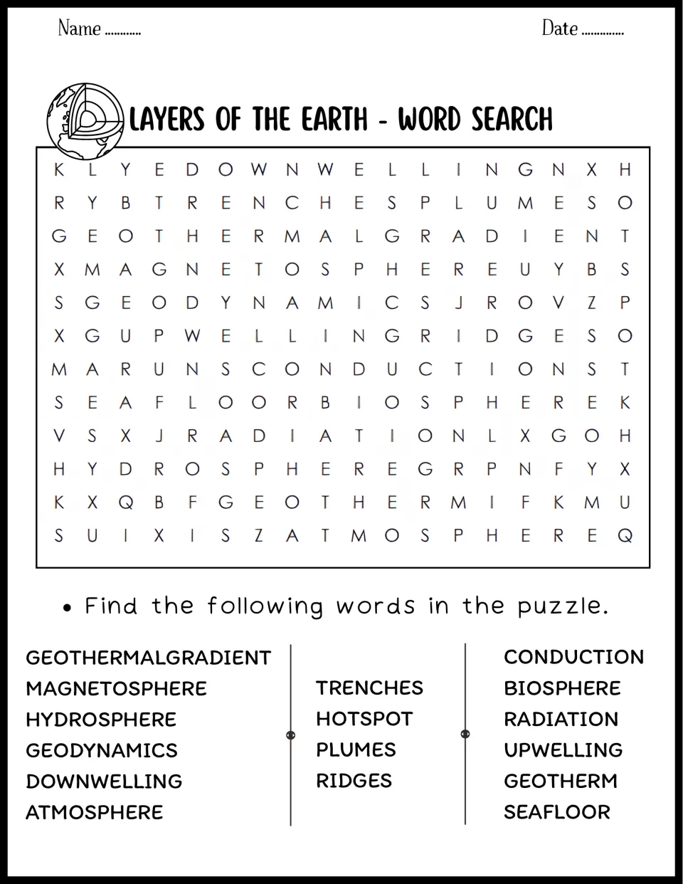 Earth systems word search: students find hydrosphere, biosphere, hotspot, plumes, trenches, radiation and upwelling