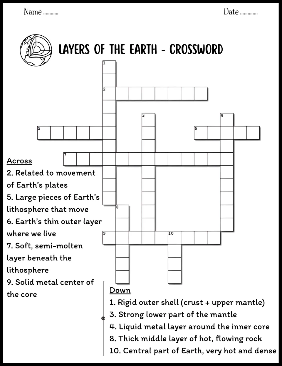 Earth's layers crossword: students solve 10 clues naming the crust, mantle, inner and outer core, lithosphere and plates