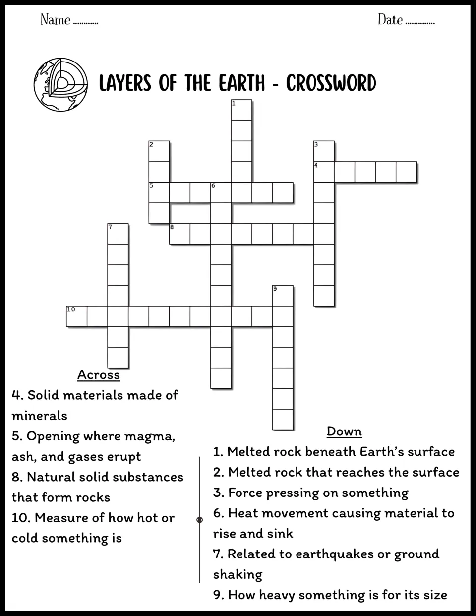 Rocks and heat crossword: students answer 10 clues on magma, lava, volcano, minerals, pressure, density and convection