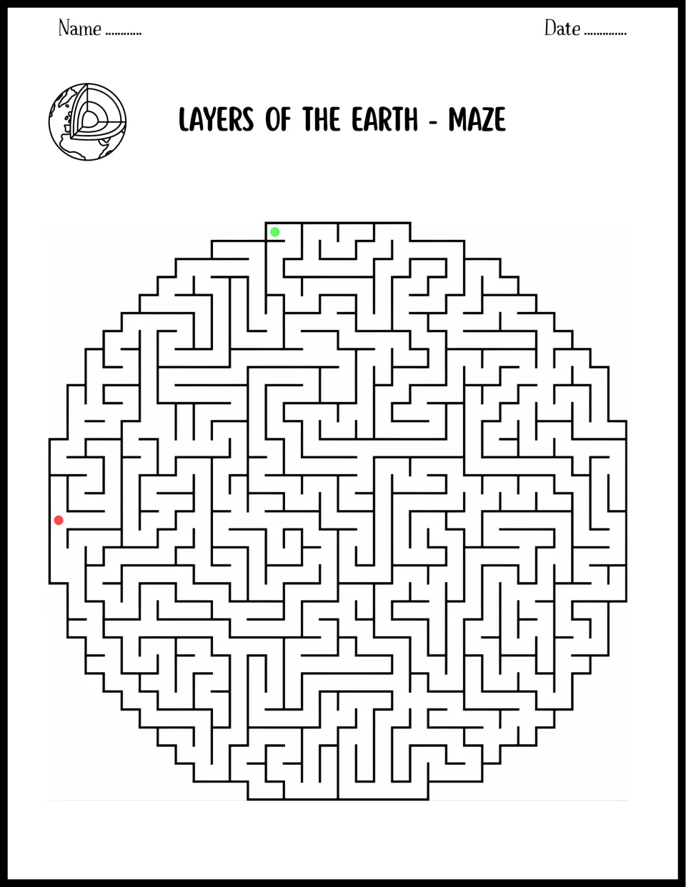 Earth maze page: students trace a path through a large circular maze from the green start dot to the red finish dot