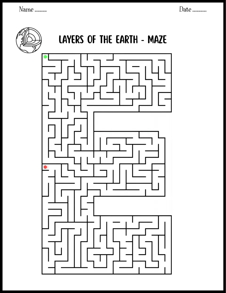 Second maze: students trace a route through an E-shaped maze from the green dot at top left to the red dot below it