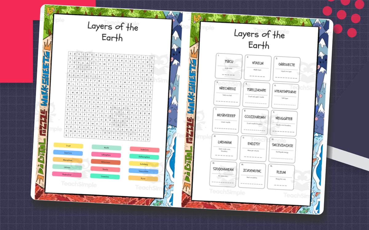 Layers of the Earth word search, scramble and crossword preview