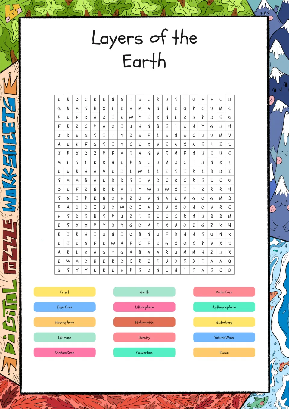Layers of the Earth word search: students find 15 terms such as crust, mantle, lithosphere, Gutenberg and shadow zone
