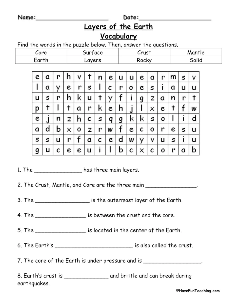 Earth layers vocabulary practice: an eight-word search and eight fill-in-the-blank sentences about Earth's layers.
