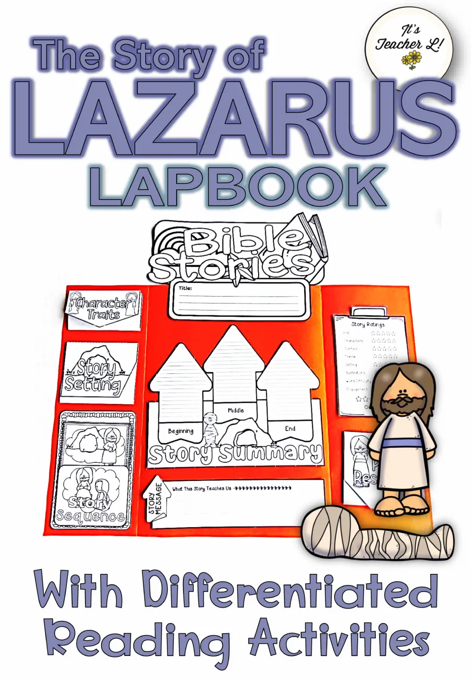 Lazarus lapbook resource cover showing an assembled project and announcing differentiated reading activities