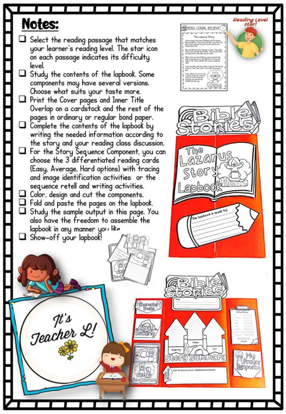 Lapbook assembly notes explain choosing reading levels, completing story components, coloring, cutting, and pasting