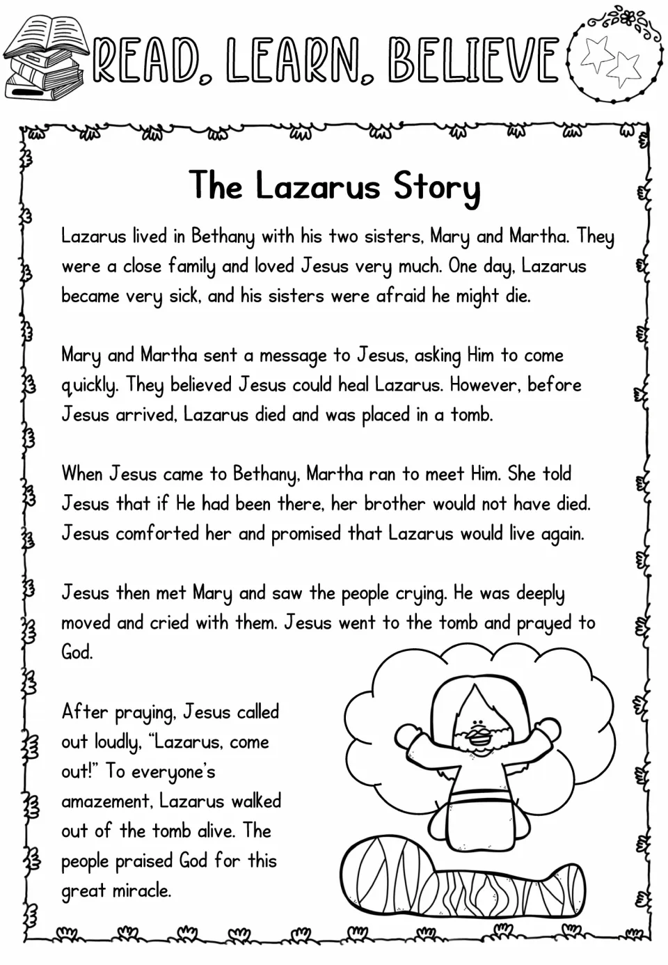 Two-star Lazarus reading passage recounts Martha meeting Jesus, His tears with the mourners, and the miracle
