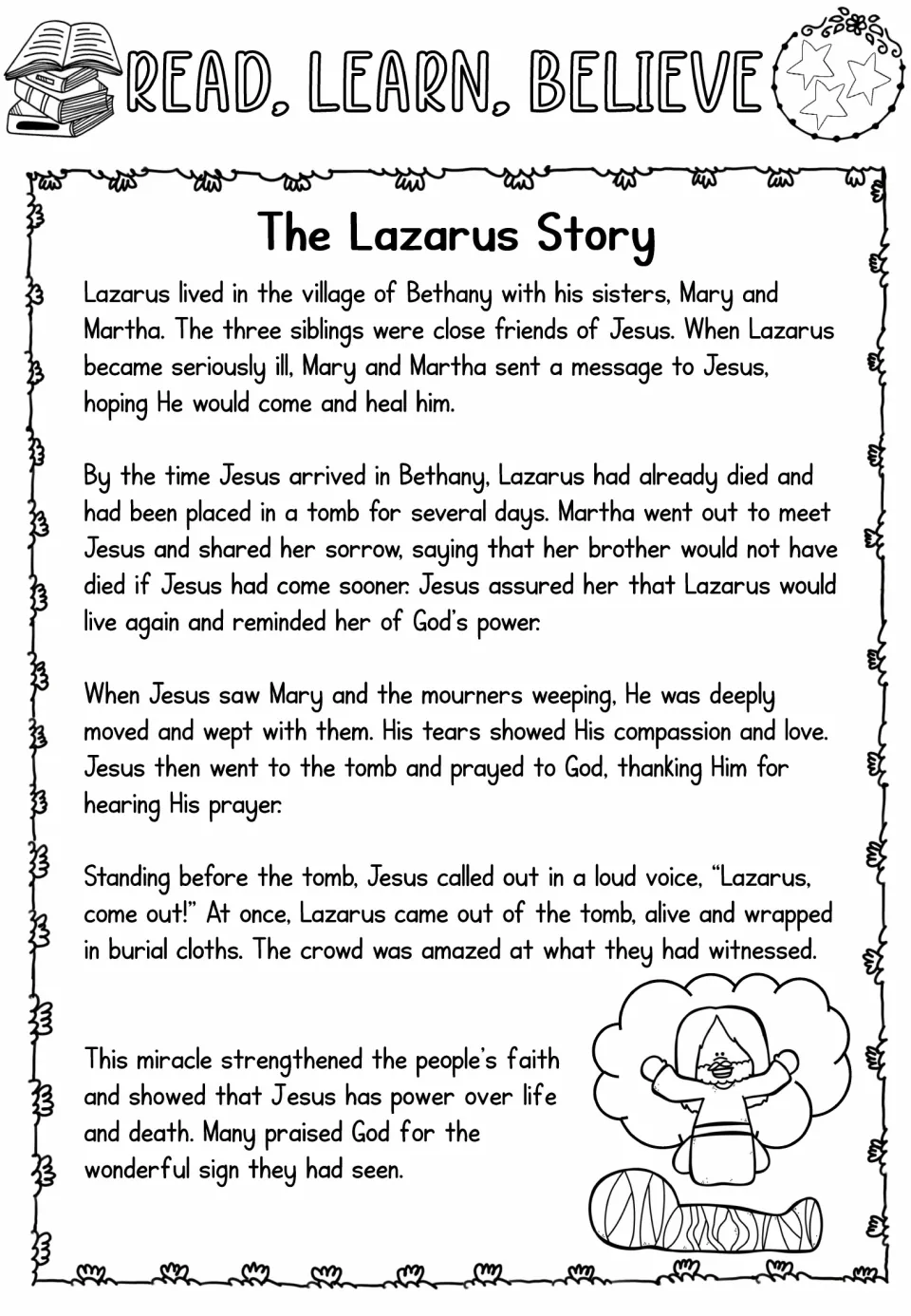 Three-star Lazarus reading passage describes Jesus' compassion, Lazarus rising, and the crowd's strengthened faith