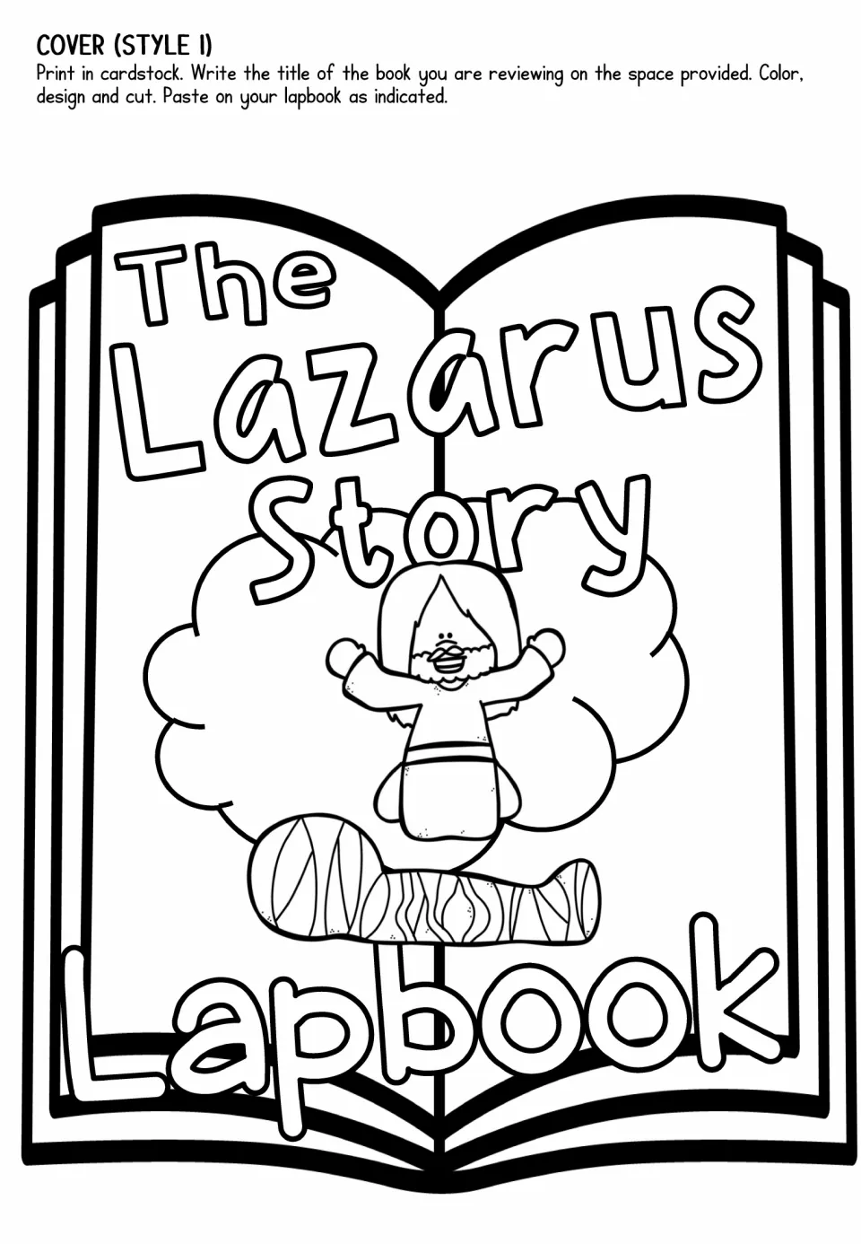 Lapbook cover choice 1 has an upright open-book design labeled The Lazarus Story Lapbook for coloring and cutting
