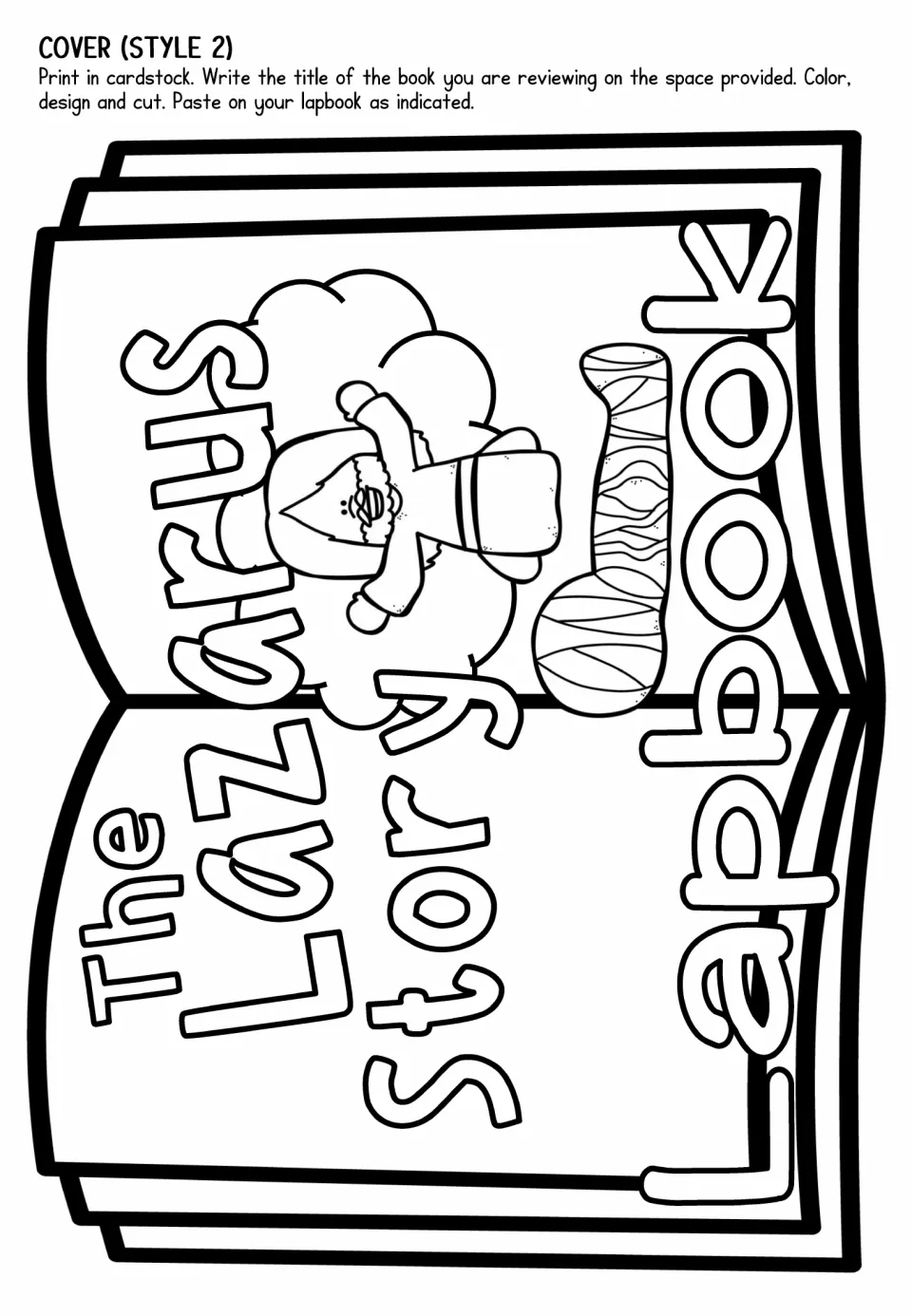 Lapbook cover choice 2 has a sideways open-book design with Jesus and Lazarus for students to color and cut