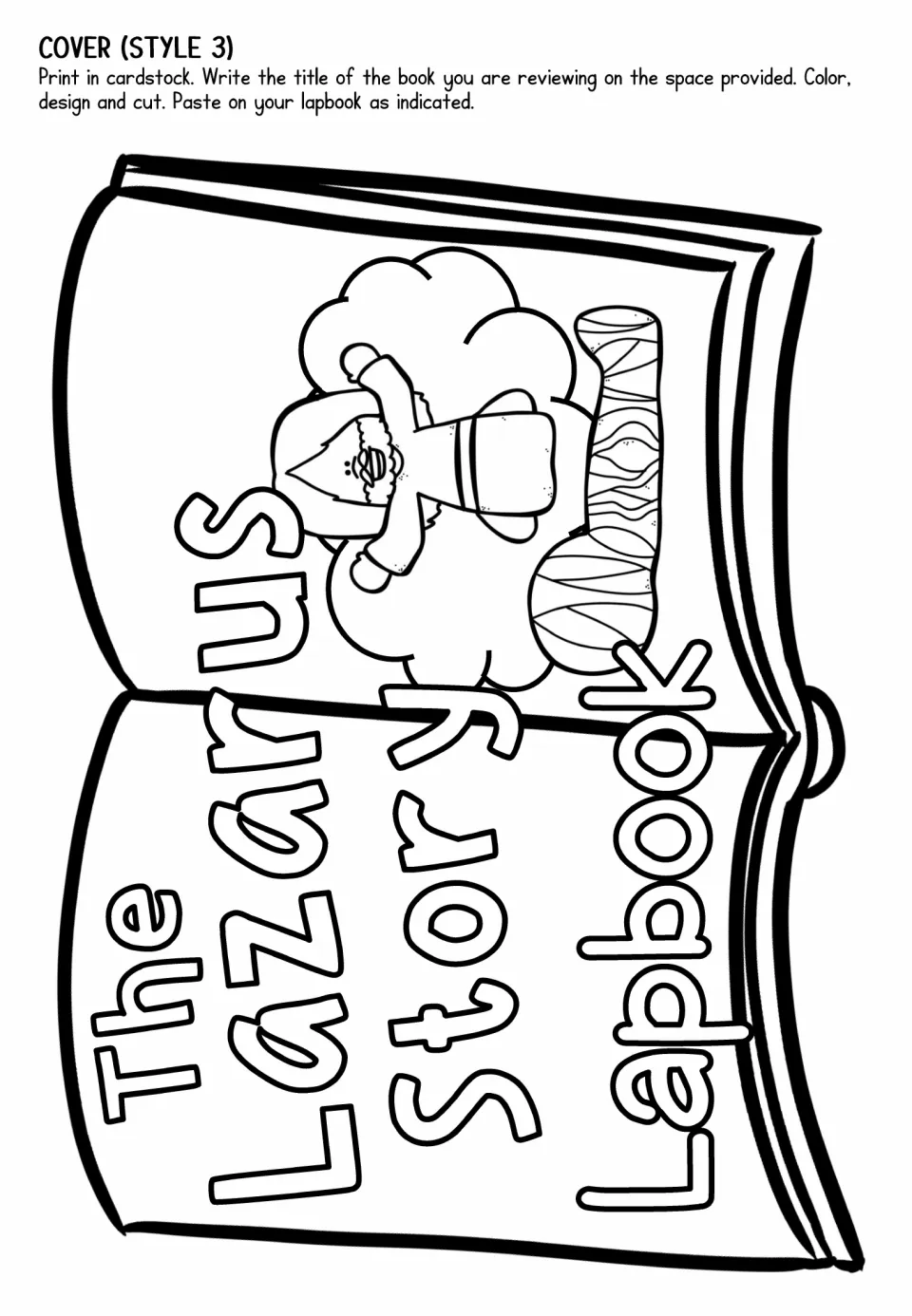 Lapbook cover choice 3 has a sideways curved-book design with Jesus and Lazarus for coloring and cutting